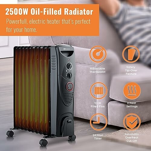 2500W oil-filled radiator with features listed