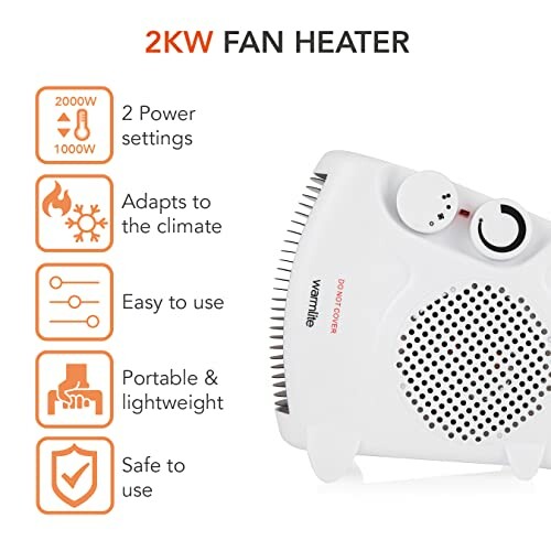 2KW fan heater with features: 2 power settings, adapts to climate, easy to use, portable, safe.