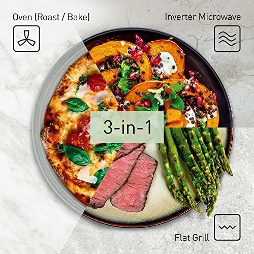Image showing three cooking functions: oven, microwave, and grill with food examples.