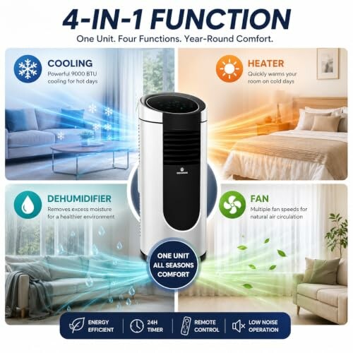 4-in-1 portable air conditioner with cooling, heater, dehumidifier, and fan functions.