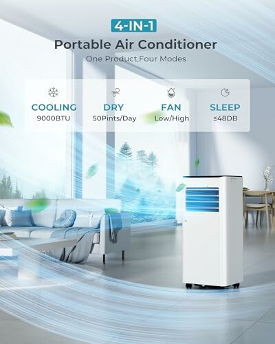 4-in-1 portable air conditioner with cooling, dry, fan, and sleep modes.