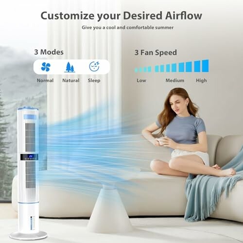 Woman adjusting fan with airflow modes and speeds displayed.