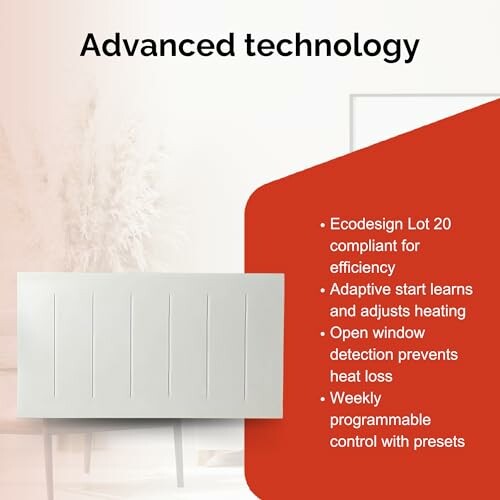 Advanced technology features of a heating system including efficiency compliance, adaptive start, open window detection, and programmable control.