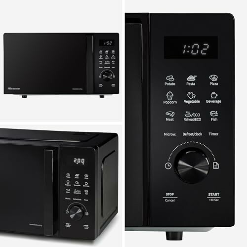 Digital microwave with control panel and display.