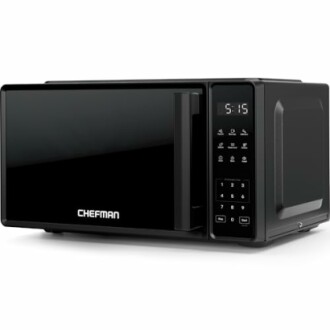 Black digital microwave with control panel and display.