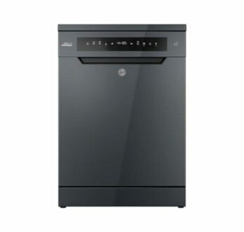 Front view of a black dishwasher with control panel.