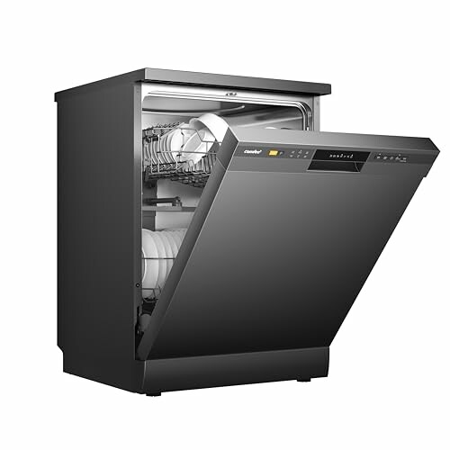 Black dishwasher with open door showing racks and dishes inside