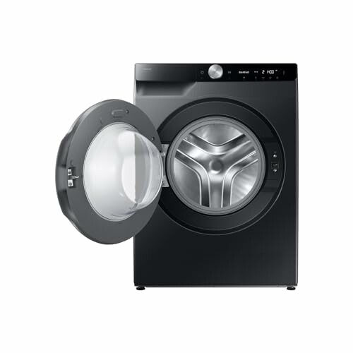 Black front load washing machine with open door