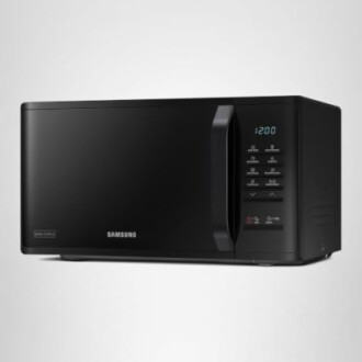 Black microwave oven with digital display and control panel.