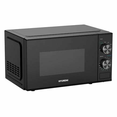 Black microwave oven with control knobs.
