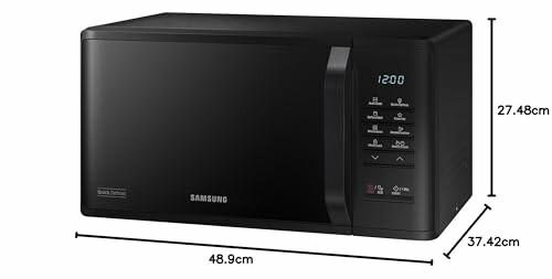 Black microwave with digital display and dimensions shown.