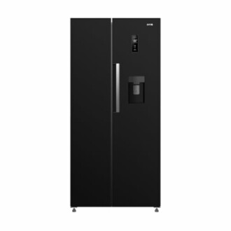 Sleek black side-by-side refrigerator with water dispenser.