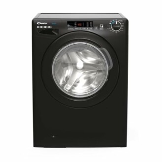 Black front-loading washing machine with digital display