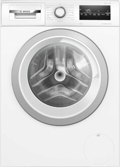 Front view of Bosch washing machine with control panel and detergent drawer.