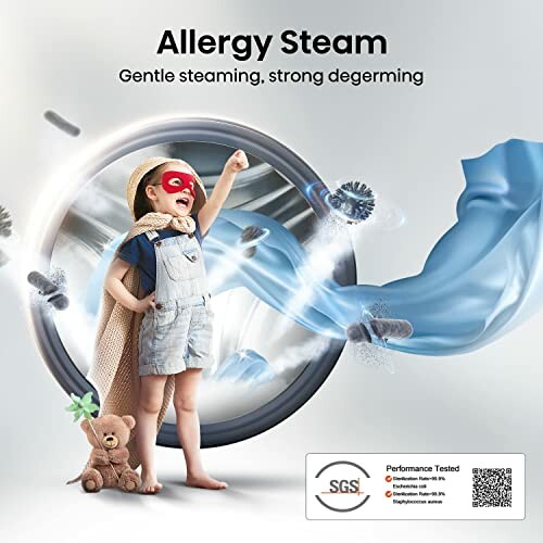 Child in superhero costume with allergy steam concept, gentle steaming, strong degerming.