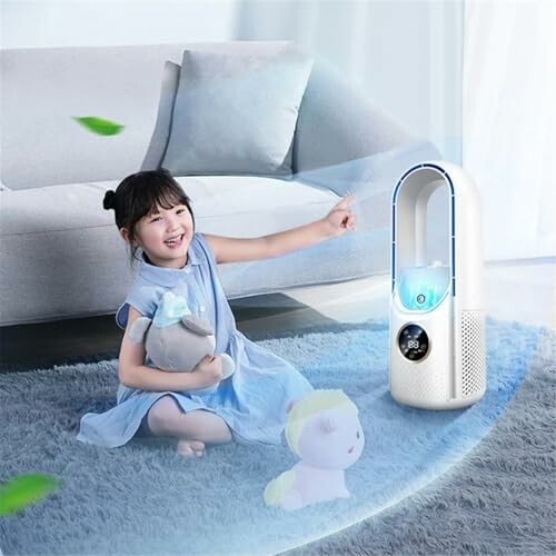 Child sitting on a rug with a toy, pointing at an air purifier.