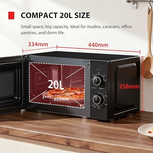 Compact 20L microwave suitable for small spaces with dimensions and features.