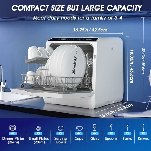 Compact dishwasher with dimensions and capacity details for plates, cups, and utensils.
