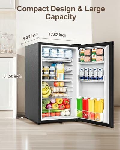 Compact fridge open with food and drinks inside.