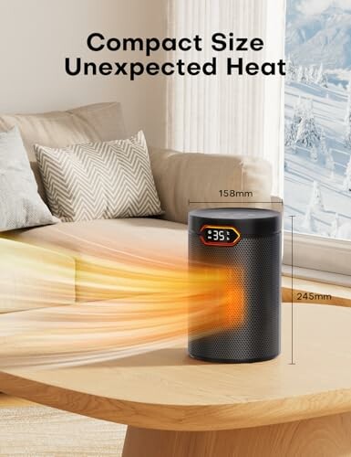 Compact heater on a table with heat waves, dimensions shown.