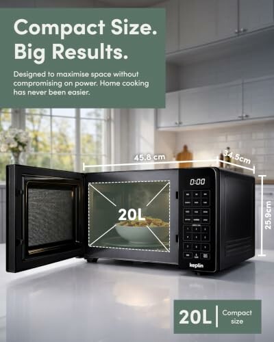 Compact microwave with open door showing 20L capacity.