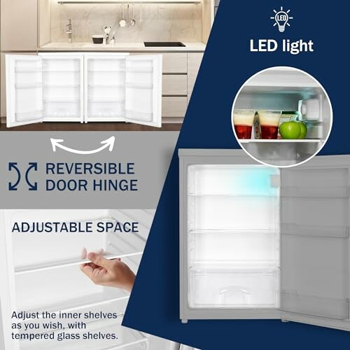 Image showcasing a refrigerator with reversible door hinge, adjustable shelves, and LED light.