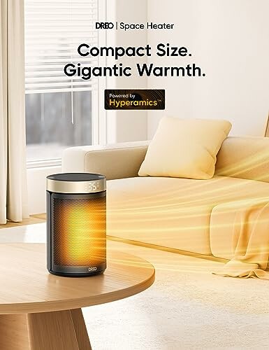 Compact space heater on table in cozy living room.