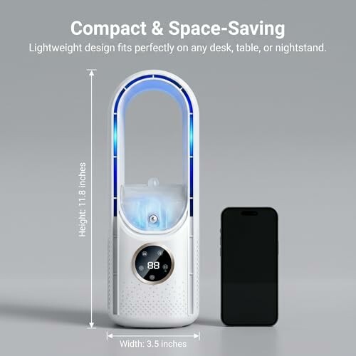 Compact and space-saving humidifier next to a smartphone, highlighting dimensions.