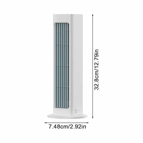 Compact white tower fan with dimensions labeled.