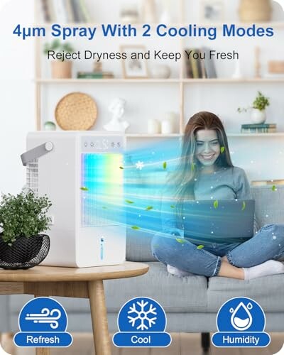 Woman using a cooling device with spray and cooling modes.