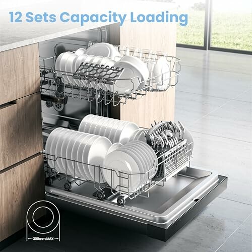 Open dishwasher with 12 sets capacity loaded with dishes and utensils