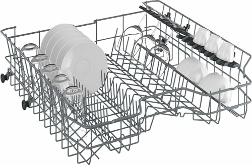 Dishwasher rack with dishes, plates, and glasses