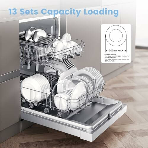 Open dishwasher loaded with dishes and cutlery.