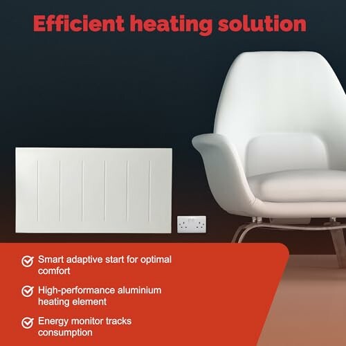 Efficient heating panel next to a modern chair with features listed below.