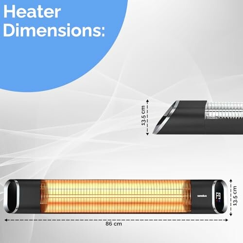 Illustration of electric heater with dimensions, showing length as 86 cm and height as 13.5 cm.