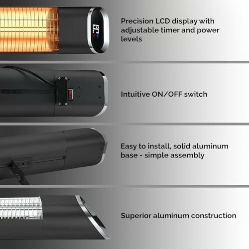 Electric heater with LCD display, intuitive switch, easy assembly, superior construction.