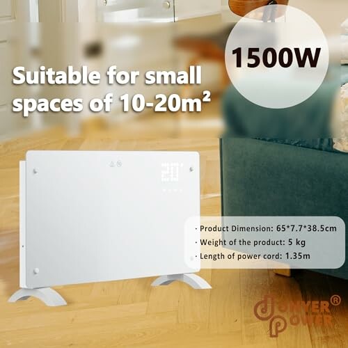 1500W electric heater suitable for 10-20m² spaces.