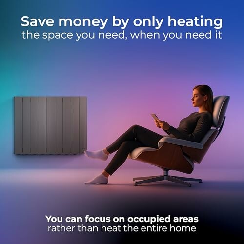 Woman reading in chair near modern wall heater with energy-saving message.
