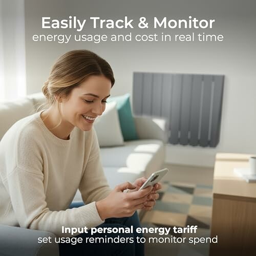 Woman using phone to track energy usage at home.