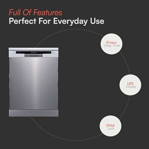 Dishwasher with features including 8-hour delay timer, LED display, and child lock.