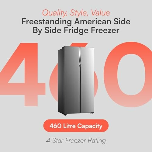 Freestanding American side by side fridge freezer with 460 litre capacity and 4 star rating.