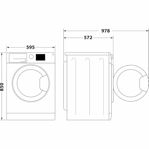 Diagram showing dimensions of a front-load washing machine.