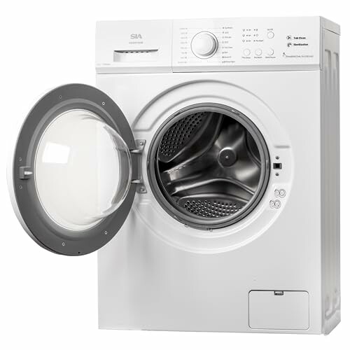 Front load washing machine with open door.