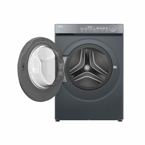 Front load washing machine with open door.
