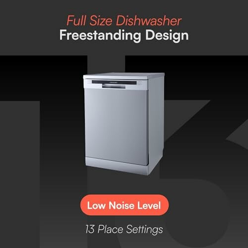 Freestanding full-size dishwasher with low noise level and 13 place settings.