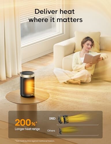 Woman reading on couch with heater targeting warmth.