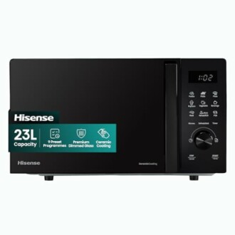 Hisense 23L black microwave with dial and button controls.