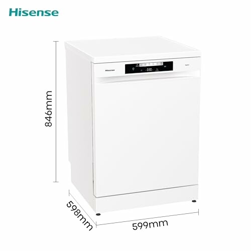 White Hisense dishwasher with dimensions displayed