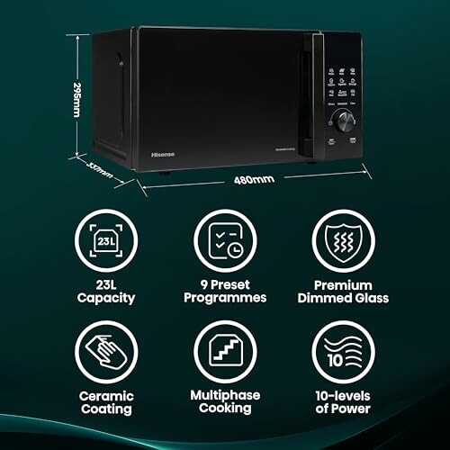 Hisense microwave with features including 23L capacity, 9 preset programs, premium dimmed glass, ceramic coating, multiphase cooking, and 10 power levels.
