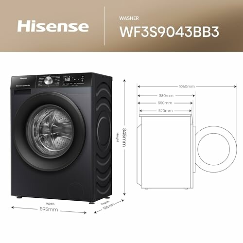 Hisense WF3S9043BB3 washer with dimensions and design features